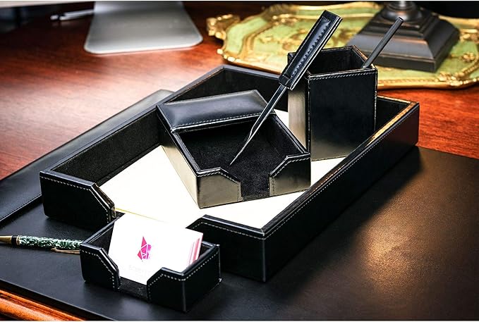 DACASSO Bonded Leather Desk Set - Luxury Leather Desk Pad & Desk Organization Essentials (Black, 6 Piece)