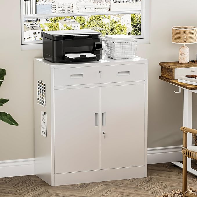 TaskStorz Metal Storage Cabinets with Drawer, 36" H Lockable Storage Cabinet with Doors and Adjustable Shelves, Small White Steel File Cabinet for Home, Office, Warehouse, School, Assembly Required