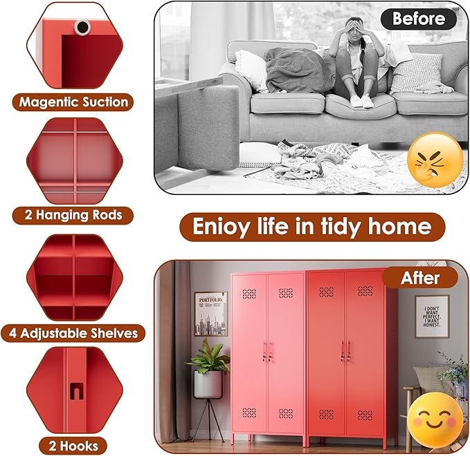 SUPEER 2 Doors Metal Storage Locker with Adjustable Shelves and 2 Hanging Rods, Metal Wardrobe Cabinet with Lock,Wardrobe Lockers for Home,Office,Assembly Required,Red