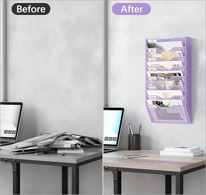 EasyPAG 8 Pocket Mesh Wall File Organizer, Hanging Paper Folder Holder with Classify Label, Vertical Wall Mount Mail Organizer for Office Home Classroom, Purple