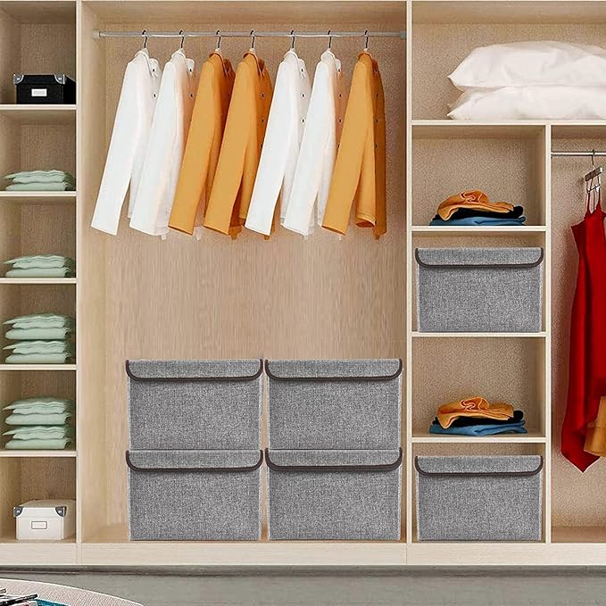 Bagnizer Large 22 Quart Linen Fabric Foldable Storage Bin Cube Organizer Basket with Flip-Top Lid & Handles, Clothes Blanket Box for Home, Office, Closet, Gray, 4 Pack 14.6 x 9.5 x 9.5”