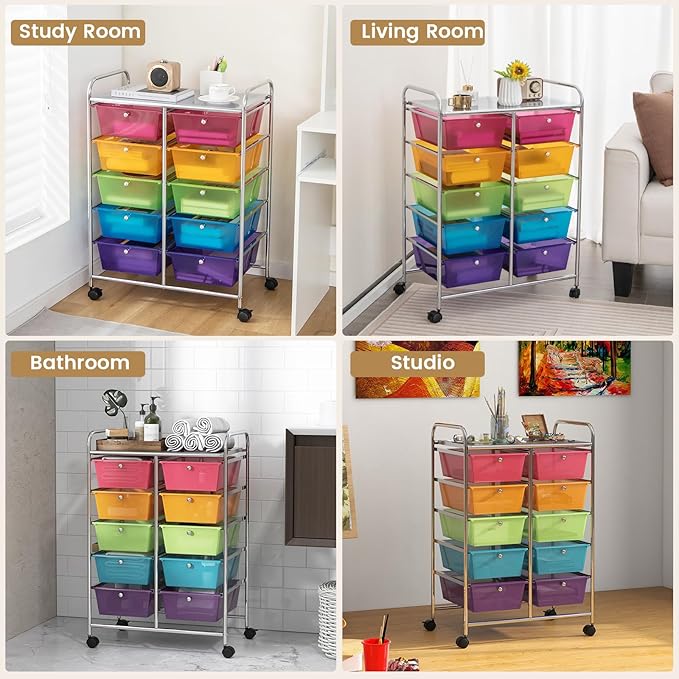 HAPPYGRILL 10-Drawer Rolling Storage Cart, Storage Organizer Cart with Lockable Wheels, Beauty Salon Movable Utility Cart for School, Office, Home, (Clear Colorful)