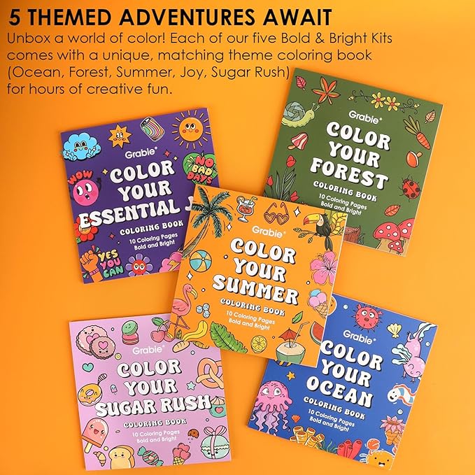 Grabie 5 Themes Value Bundle Bold&Bright Coloring Kit, 60 Colors Acrylic Gel Pens&Coloring Book, Medium Point Colored Gel Pens, Acrylic Gel Ink Pen Assorted Colored for Drawing, Note Taking