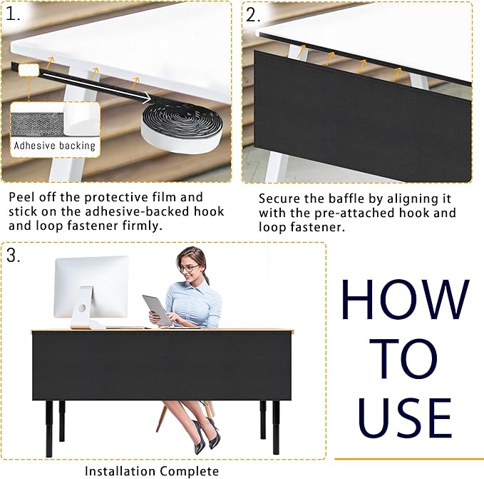 HolyMaji 60" Under Desk Privacy Panel Self-Adhesive Modesty Panel 600D Heavy Duty Desk Skirt Privacy Divider for Office Home or Standing Workstation Concealer Shield