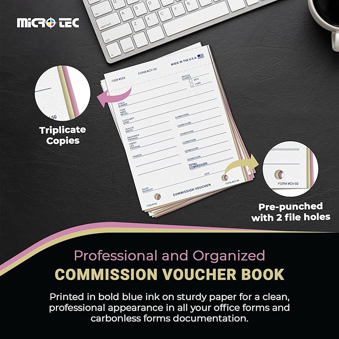 Commission Voucher Book CV-59-3 Part Carbonless Forms, Triplicate NCR Receipt Book, Snap-Out Pre-Punched with File Holes Commission Vouchers, Blue Ink, 4.25 x 5.625 Inch - Pack of 200