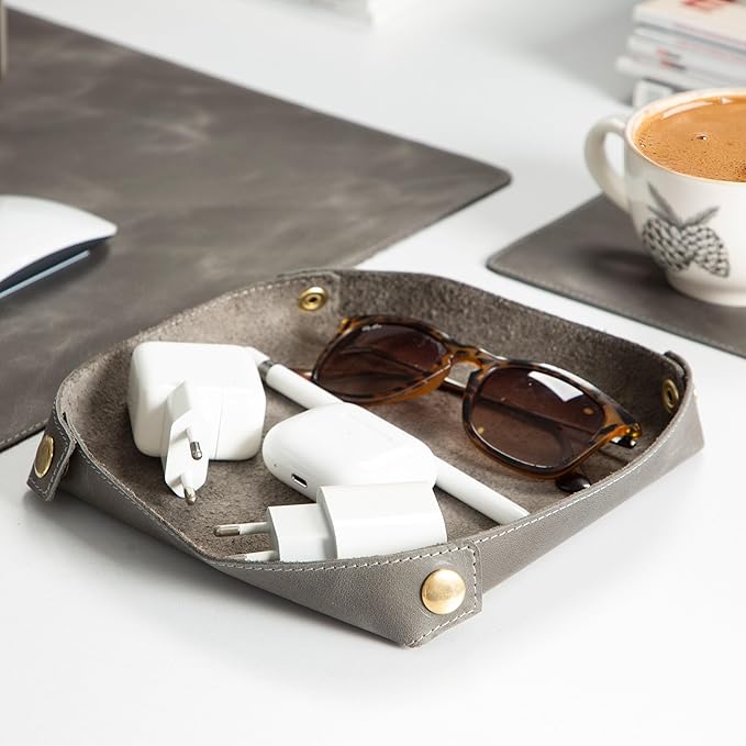 Node Leather - Genuine Leather Desk Mat (32" x 16"), Desk Organizer & Cup Coaster - Leather Office Set - Premium Handmade Office Accessories for Elegant Workspace - Gray