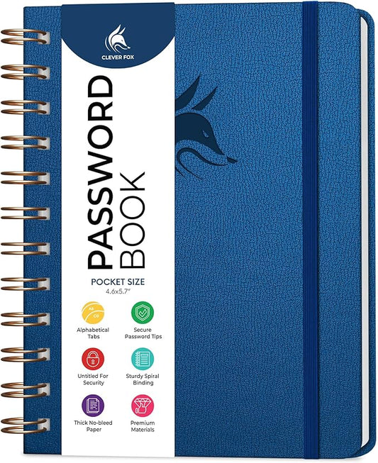 Clever Fox Password Book Spiral – Mini Internet Address & Password Organizer with Laminated Alphabetical Tabs – Small Password Keeper Journal – Hardcover, Pocket Size, 4.7x5.7” (Mystic Blue)
