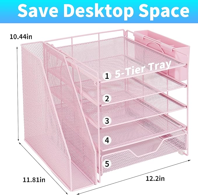 Gugsey Desk Organizer, 5-Tier Paper Letter Tray Organizer with File Holder, Drawer and Pen Holder, Desktop Organizer for Office Supplies, Pink