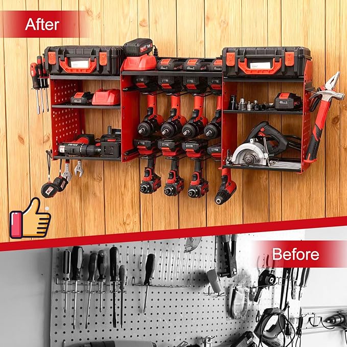 Power Tool Organizer Wall Mount with Charging Station, Heavy Duty Metal Cordless Drill Holder, Garage Tool Storage Battery Rack with 8 Outlet, Gift for Men Husband Dad Birthday Anniversary Red