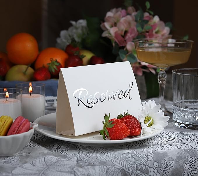 20 Pack Modern White Reserved Table Sign with Silver Letters - Reserved Signs For Wedding - Wedding Accessories - Tent Signs For Reserving Seats & Places - Place Cards for Party, Event