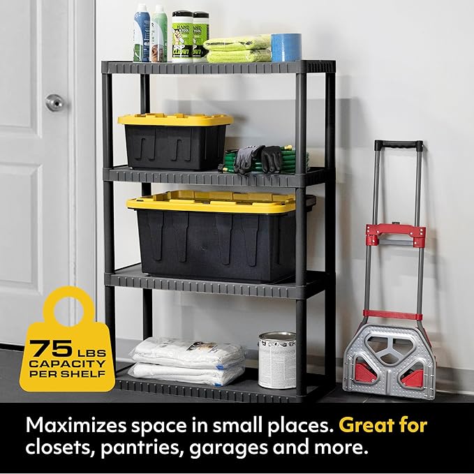 CENTREX CX 4-Tier (52.1”H x 34.8”W x 14.6”D) Plastic Storage Shelving Unit (Black), Medium Duty, 75lbs Per Shelf Capacity, Indoor Storage and Organization in Home, Garage, Office with Easy Assembly