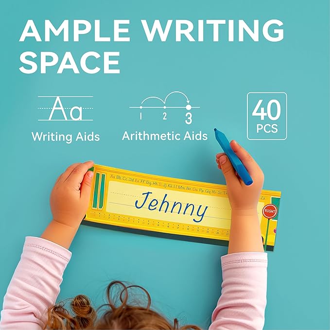 Dotimo Kids 40 PCS Desk Nameplates for Classroom, Name Plate for Desk with Alphabet, Number Line, Traditional Manuscript Name Plate for Classroom School Student(12” x 3.5”)