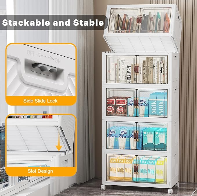 UAMFURI Extra Large Stackable Storage Bins with Lids & Wheels & Door, 260QT-52QT/13GAL*5Pack Foldable Collapsible Closet Organizers, Plastic containers drawers for bedroom Dorm