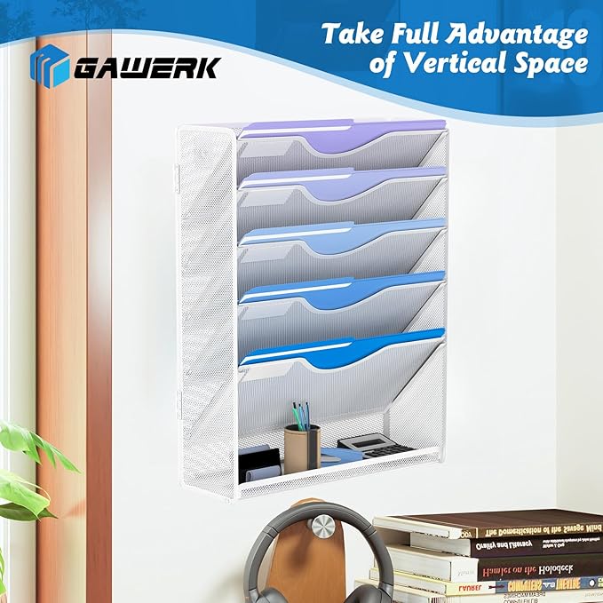 Gawerk 6 Tier Hanging File Organizer, Mesh Wall File Holder Paper Folder Rack with Bottom Flat Tray for Office Home, White