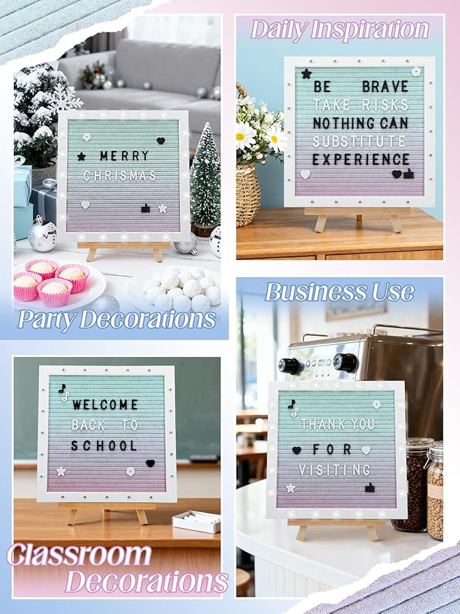Changeable Felt Letter Board with LED Lights - 10×10" Message Custom Signs & Wood Stand & 450 Letters, Poster Board for Valentine's Day/Baby/Pregnancy Announcement/Classroom Wall Decor Gifts, Gradient