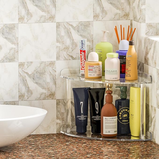 Sezanrpt 2 Tier Acrylic Corner Shelf Organizer Storage 9.5x9.5x8 Inch, Transparent Countertop Corner Shelf for Bathroom, Kitchen, Bedroom, Office, Study Room