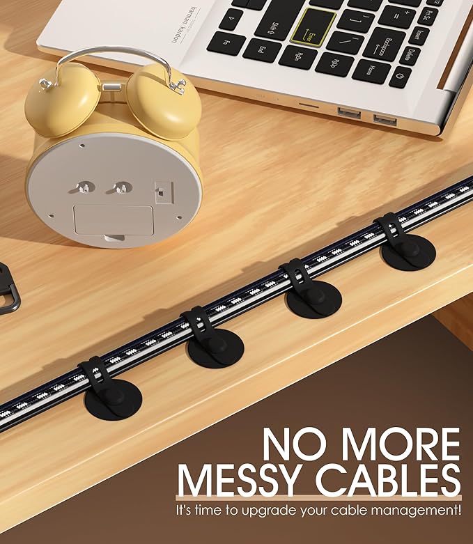 Nearockle Cable Management Under Desk, Adjustable Self-Adhesive Silicone Cable Ties Cord Organizer, Reusable Heavy-Duty Cord Holder Under Table for Office, Home, School (10Pcs-Black)