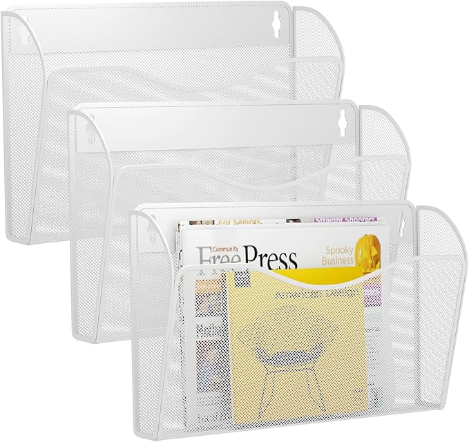 GDINDINFAN 3 Single Pocket Wall File Holder, Mesh Hanging File Folder Paper Organizer, Vertical Wall Mounted Mail Basket, Storage Organization Magazine Rack for Office, Home and School, White
