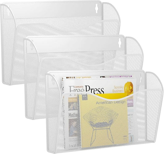 GDINDINFAN 3 Single Pocket Wall File Holder, Mesh Hanging File Folder Paper Organizer, Vertical Wall Mounted Mail Basket, Storage Organization Magazine Rack for Office, Home and School, White