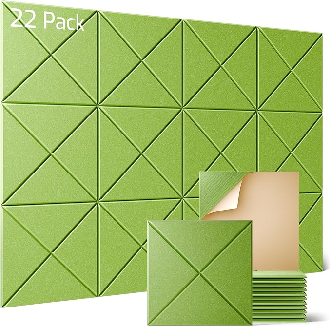 Sonicism 22 Pack X-Lined Acoustic Panels with Self-Adhesive, 12"X 12"X 0.4" Sound Proof Foam Panels, Decorative Soundproof Wall Panels, Sound Absorbing Tile for Home & Offices, Light Green
