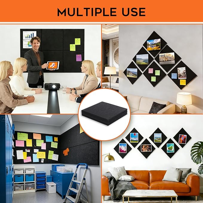 Large Cork Board, Black Bulletin Board 36"x 24", 6 Pack Felt Wall Tiles with 35 Pcs Pushpins, Pin Boards for Office, Home & Classroom