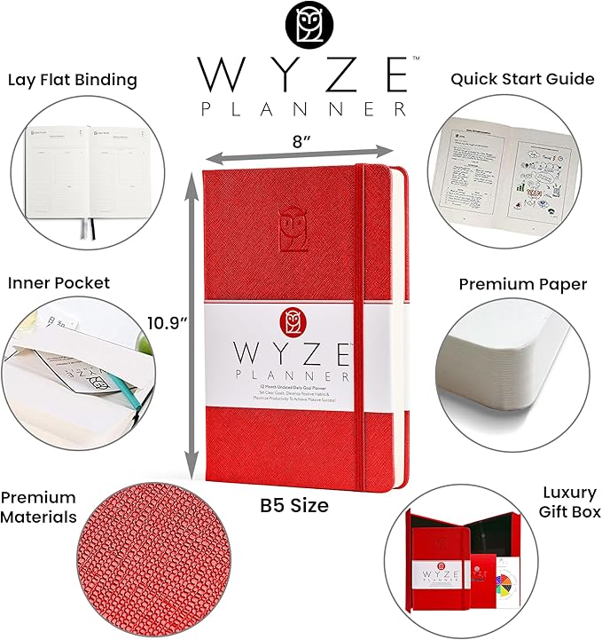 Wyze Planner Undated Daily Planner – 1-Year B5 Productivity Organizer with Two-Page Weekly Spread, Goal Setting, Habit Tracker, Weekly & Monthly Pages – Hardcover Time Management Notebook (Red)