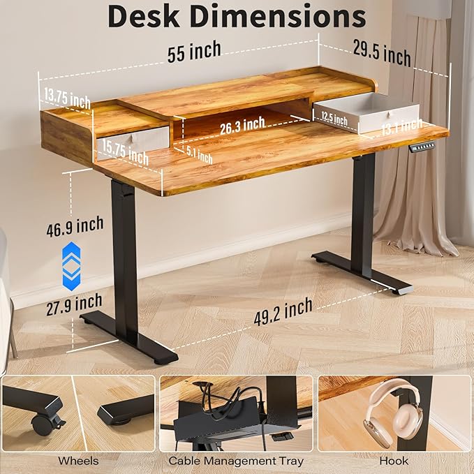 Kingant 55 x 30 Inch Electric Standing Desk with Dual Drawers, Adjustable Height Computer Desk for Home Office, Large Workstation Sit Stand Up Desk with Built-in Storage Shelf, Light Rustic Brown