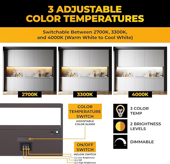 LED Under Cabinet Lighting Hardwired - 3CCT 18 Inch Bronze Finish - Undercabinet Lights for Kitchen - Linkable Undercounter Dimmable Plug in Light or Hard Wired - Under Counter Fixture Direct Wire
