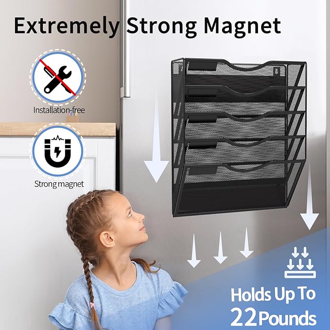 LQPAFZ 5-Tier Magnetic File Holder, No Drilling Installation File Cabinet Organizer, Black Magnetic File Organizer, Magazine Rack, Magnetic Paper Holder for Refrigerator, File Cabinets, Whiteboard