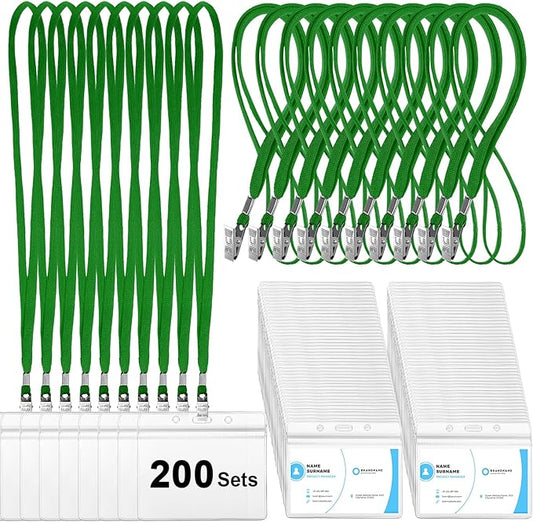 Marspark 200 Sets Clear Name Tags with Lanyard, Lanyards for ID Badges Reusable Strap with ID Holder Plastic Name Badges for Adults Business School Church Conference (Dark Green)