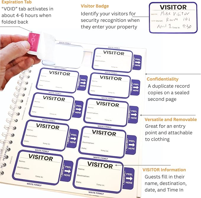 Specialist ID Visitor Log Book for Business or Schools - Expiring Visitor Sticker Badges and Sign in Book with Carbon Copy Record Keeping for Guest Tracking - Spiral Binder Registry (200 Badges)