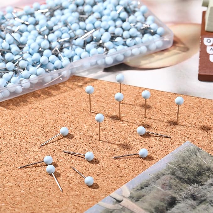WILLBOND 500 Pack Map Push Pins Map Tacks Small Round Head Push Pins Thumb Tacks for Travel Picture Photo Bulletin Board Wall DIY Craft School Office Home(Light Blue,1/6 Inch)