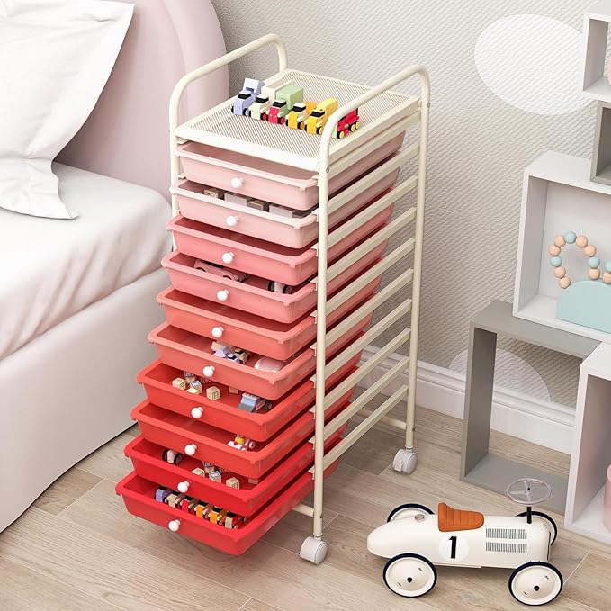 GLACER 10 Drawers Rolling Cart, Storage Cart with w/Removable Drawers & Steel Frame, Utility Mobile Trolley w/Universal Casters & 2 Brakes, Organizer Cart for Home, School, Office (Gradient Pink)