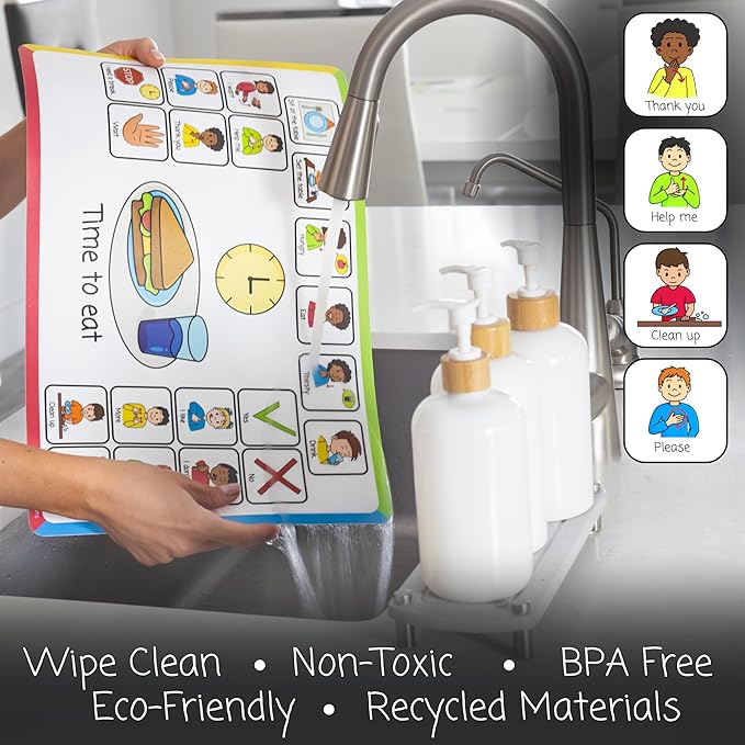 Speech Therapy Placemats for Autism & Non-Verbal Kids (6 Pack) – Visual Communication Boards, ABA Therapy Tools, Toddler Speech Delay Aids – Smarty Mats Waterproof Wipe-Clean Mealtime Mats