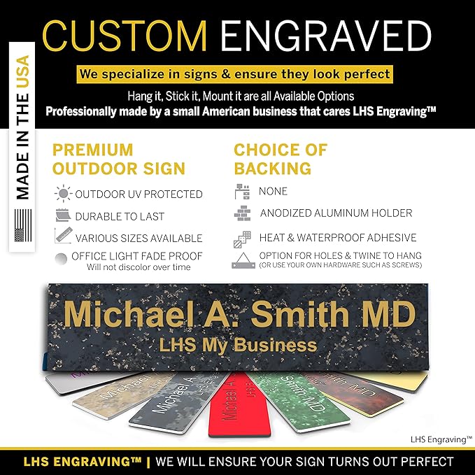 Personalized Name Plate with Choice of Mounting Holders for Walls, Doors, Cubicles, Hanging and More - Custom Charocaol Marble Plastic Gold Letters - USA Made 2x10 - S6