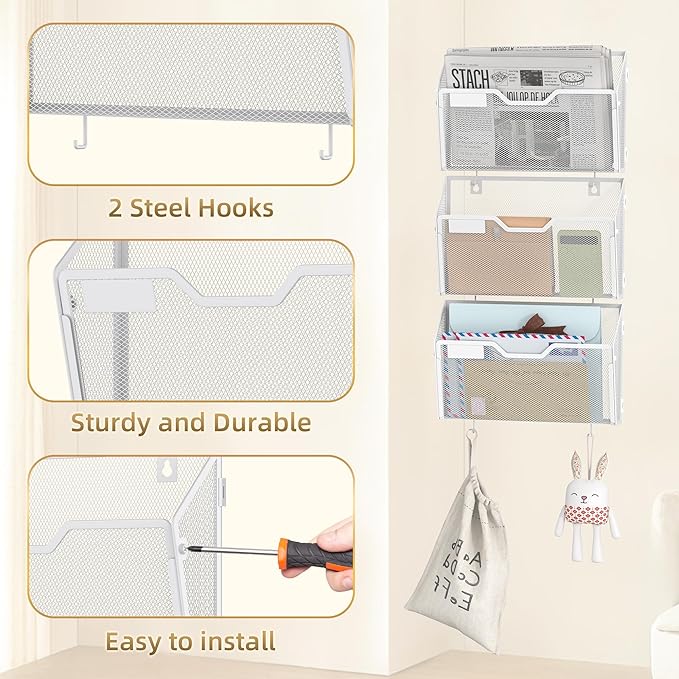 Docnest 3 Pack Hanging Wall File Holders, Mesh Wall Letter File Holder, Wall Mounted Mail Paper Document Folder Holder with Hooks for Office, Home, School, White