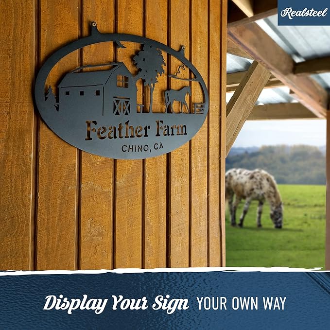 RealSteel Personalized Metal Farmhouse Sign - Custom Farm Scene Wall Art with Barn, Horse, Trees, and Fence - Custom Last Name & Established Date - Durable Outdoor Garden and Patio Decor