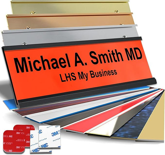 Personalized Name Plate with Choice of Mounting Holders for Walls, Doors, Cubicles, Hanging and More - Custom Orange Plastic Black Letters - USA Made 2x10 - B11