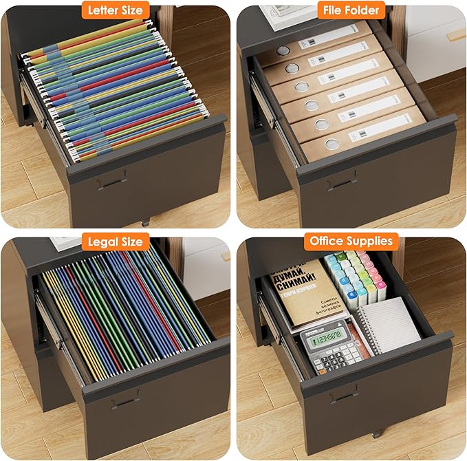 SUXXAN 2 Drawer File Cabinet with Wheels, Under Desk Drawer with Lock Name Card Holder for Home Office, Metal Filing Cabinet for Legal/Letter Size, Assembly Required