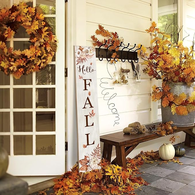 Hello Fall Porch Sign 47" Thanksgiving Day Wooden Door Sign Large Autumn Welcome Sign with Leaves Standing Front Door Decor for Home, Yard, and Fall Parties