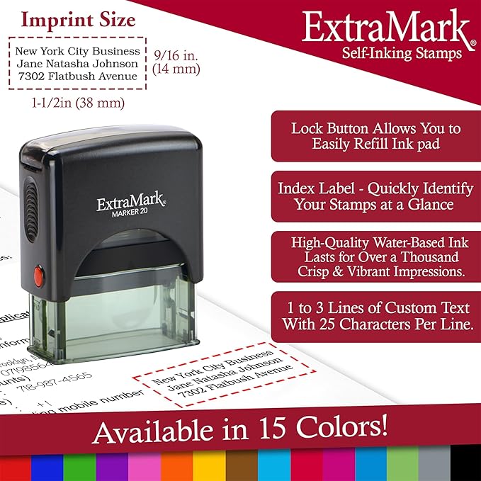 ExtraMark Return Address Stamp - 3 Lines Personalized Stamp - Customizable Text Stamp – Self Inking Design - Exclusive Features - Multiple Ink Color Options and Fonts