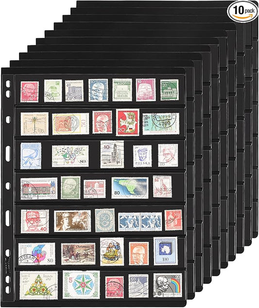 10 Sheets 20 Pages Postage Stamp Album Pages, 7 Pockets 7.7X 1.35in Stamp Collection Inserts, 9 Hole Standard Stamp Collecting Album Sleeves for Stamp Collection Binder IS010710