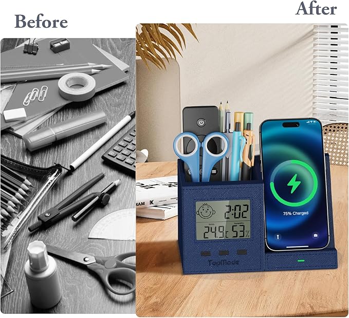 TopMade Wireless Charger with Pen Holder, PU Leather Desk Nightstand Organizer Fast Charging Station, Home Office Supplies Pencil Holder, Digital Thermometer and Humidity Gauge, Gifts for Men(Blue)