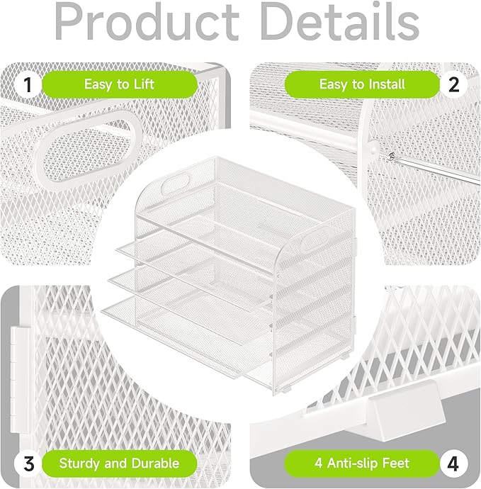 Cawukege 5 Tier Paper Organizer with Handle, Metal Mesh Desk Organizer File Folder Paper Letter Tray Desktop Document Sorter for Classroom, School, Office Accessories Organization and Storage - White