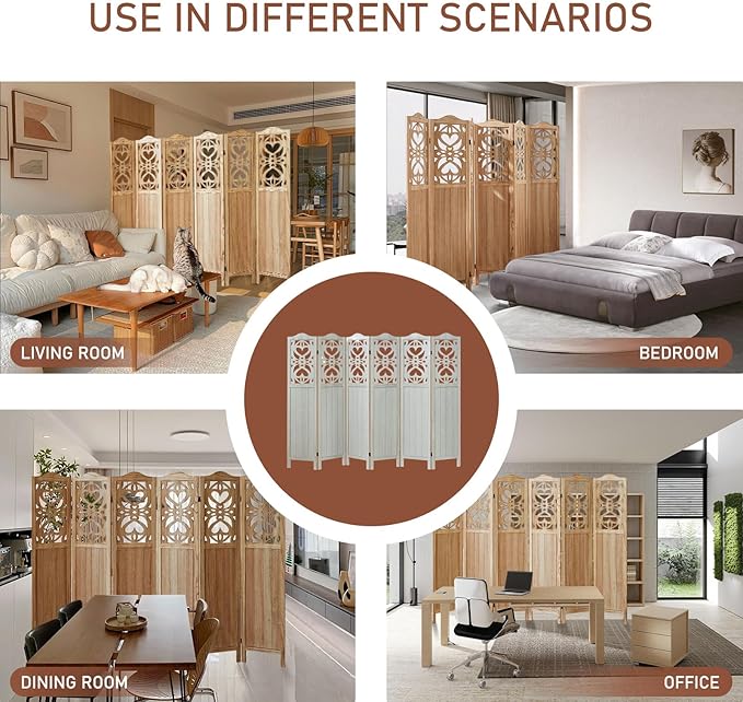 ALeesing 6 Panel Room Divider Fully Assembled, Carved Room Dividers and Folding Screens, 5.6Ft Wood Room Divider Screen Freestanding Partition Wall Dividers for Home Bedroom Office, Rustic Wood Color