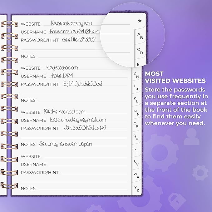Clever Fox Password Book Spiral – Internet Address & Password Organizer with Laminated Alphabetical Tabs – Password Keeper Journal – Hardcover, Medium Size, 6.1x7.7” (Purple)
