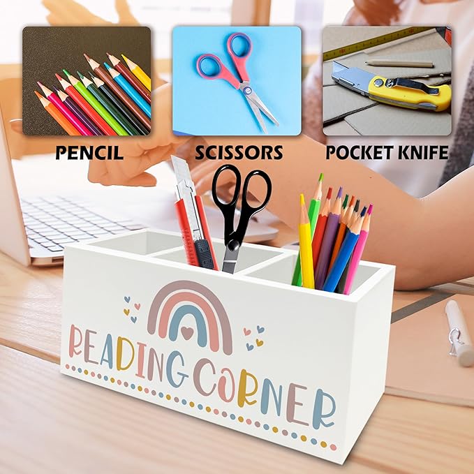 QZQE Boho Reading Corner Pen Pencil Holder Organizer for Desk, Boho Rainbow Bookish Wooden Box Signs Decorations for Reading Nook Corner Room Desk Tabletop, Book Lover Reader Gifts