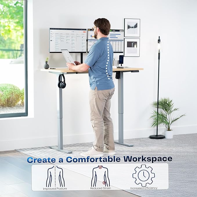 VIVO Electric 55 x 28 in Standing Desk, Memory Height Adjustment, 1B Series, Holds 220 lbs, One-Piece Light Wood Top, Gray Frame, DESK-KIT-1G55C