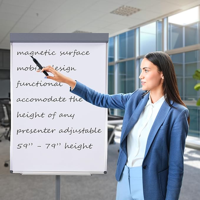 Sunnydaze Adjustable Magnetic Whiteboard Easel – Rolling Dry Erase Board with Flip Chart for Office, Home, or School