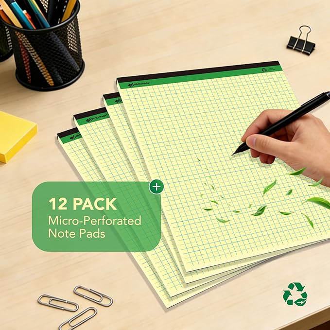 KAISA Graph Paper Legal Pads Writing Pads Recycled Paper 8.5"x11.75" Quad Ruled 4x4 Perforated 50 sheets/pad Grid Paper Yellow Notepads Writing Tablet For Office Supplies (Canary 6pad, 8.5x11.75'')